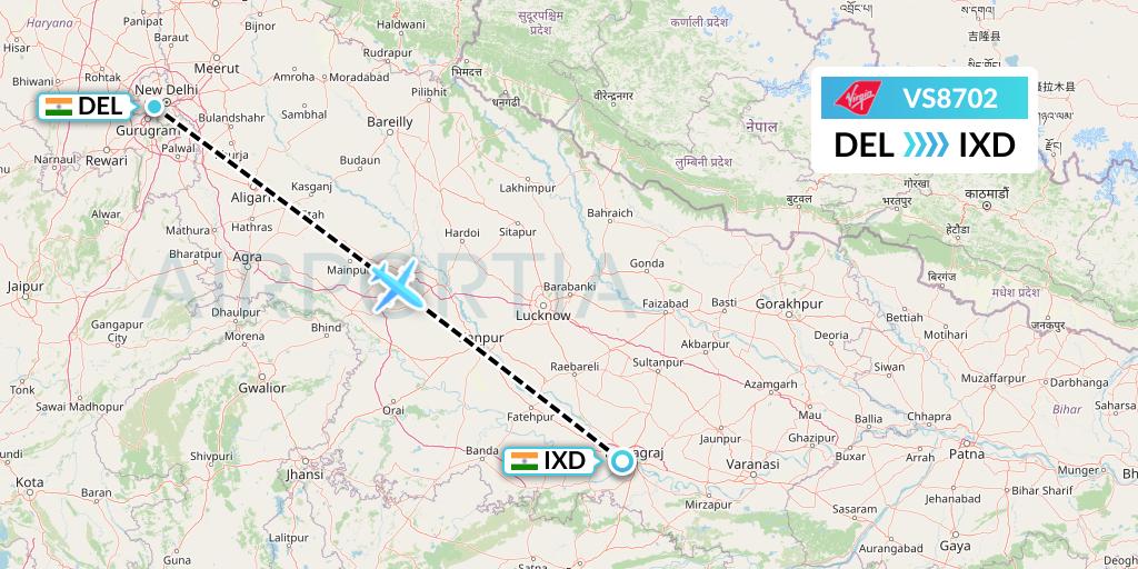 VS8702 Virgin Atlantic Airways Flight Map: Delhi to Allahabad