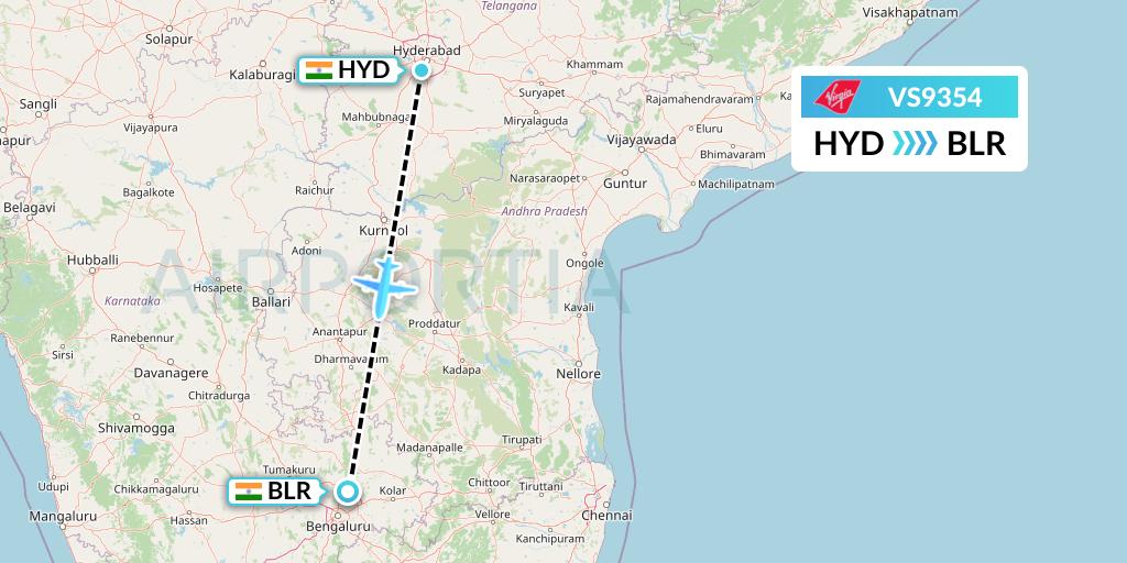 VS9354 Virgin Atlantic Airways Flight Map: Hyderabad to Bangalore