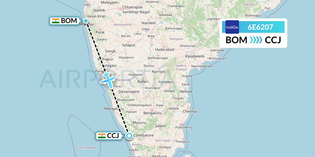 6E6207 IndiGo Airlines Flight Map: Mumbai to Kozhikode