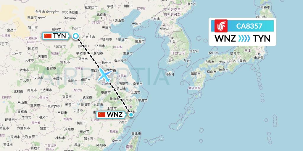 CA8357 Air China Flight Map: Wenzhou to Taiyuan