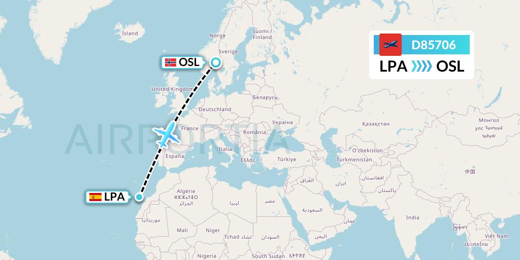 D85706 Norwegian Air International Flight Map: Las Palmas to Oslo