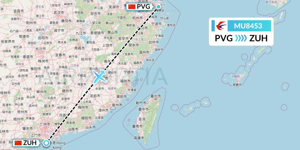 MU8453 China Eastern Airlines Flight Map: Shanghai to Zhuhai