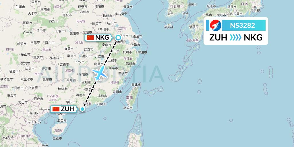 NS3282 Hebei Airlines Flight Map: Zhuhai to Nanjing