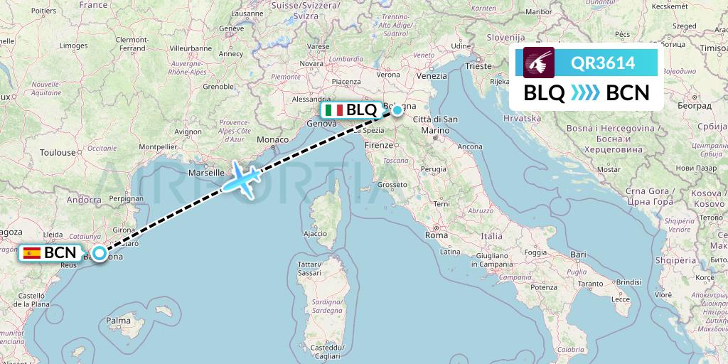 QR3614 Qatar Airways Flight Map: Bologna to Barcelona