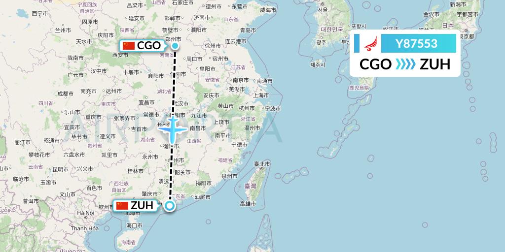 Y87553 Yangtze River Express Flight Map: Zhengzhou to Zhuhai