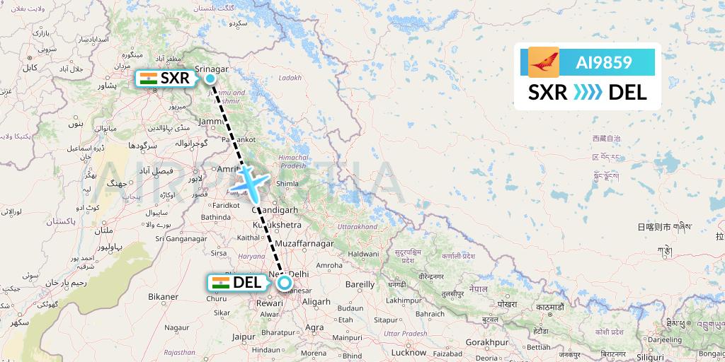 AI9859 Air India Flight Map: Srinagar to Delhi