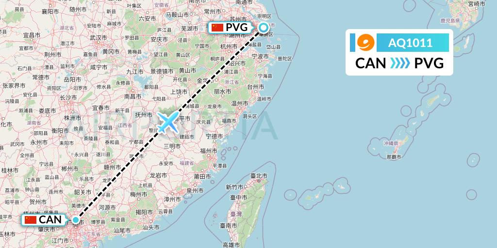 AQ1011 9 Air Flight Map: Guangzhou to Shanghai