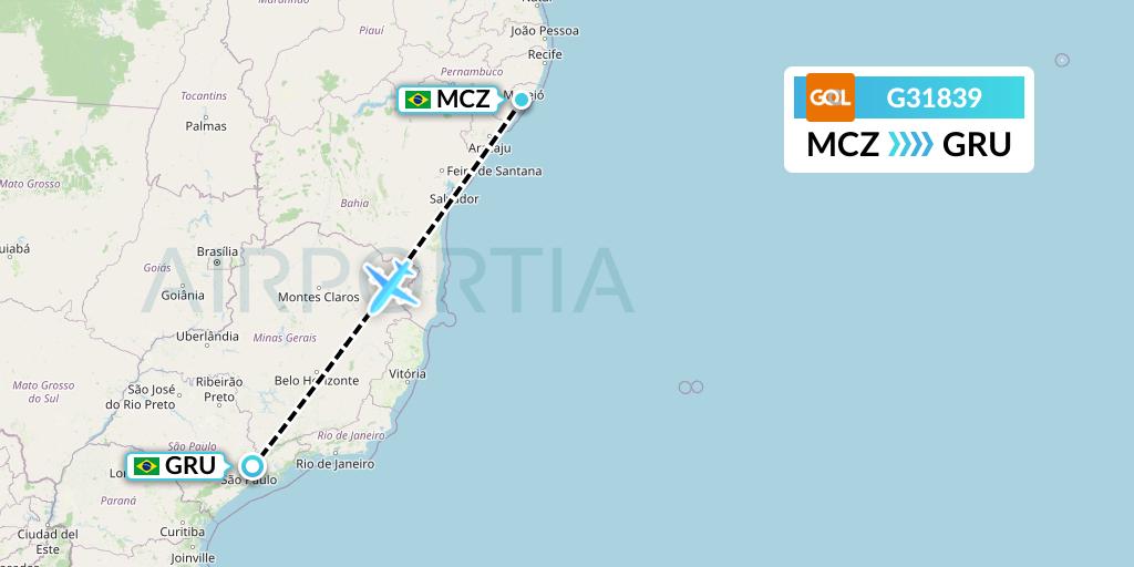 G31839 GOL Transportes Aeros Flight Map: Maceio to Sao Paulo