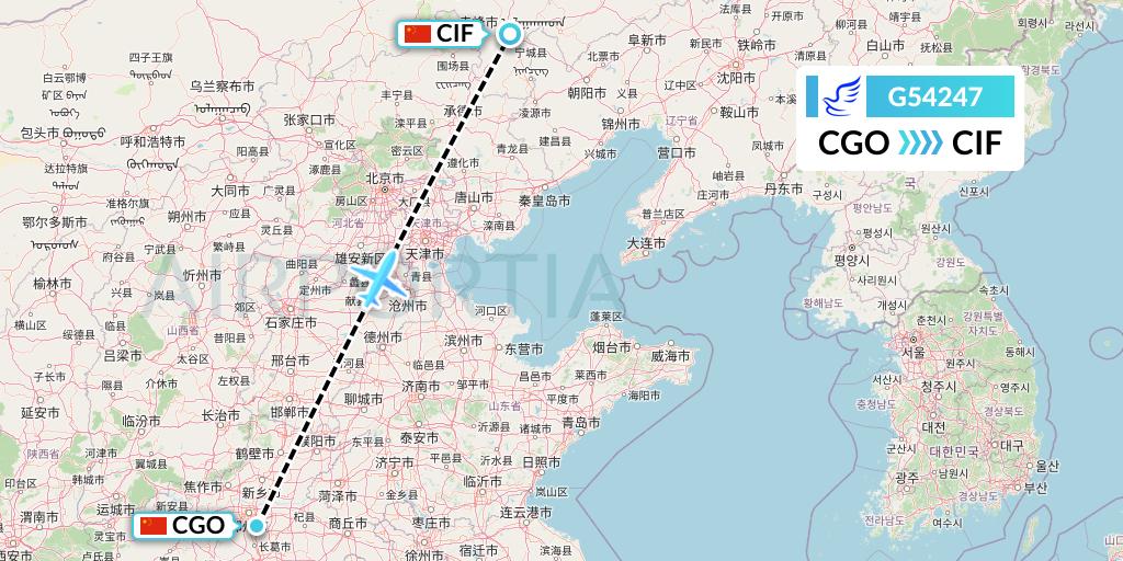 G54247 China Express Airlines Flight Map: Zhengzhou to Chifeng