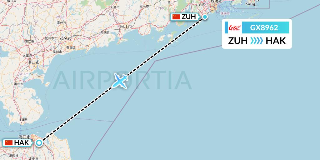GX8962 GX Airlines Flight Map: Zhuhai to Haikou