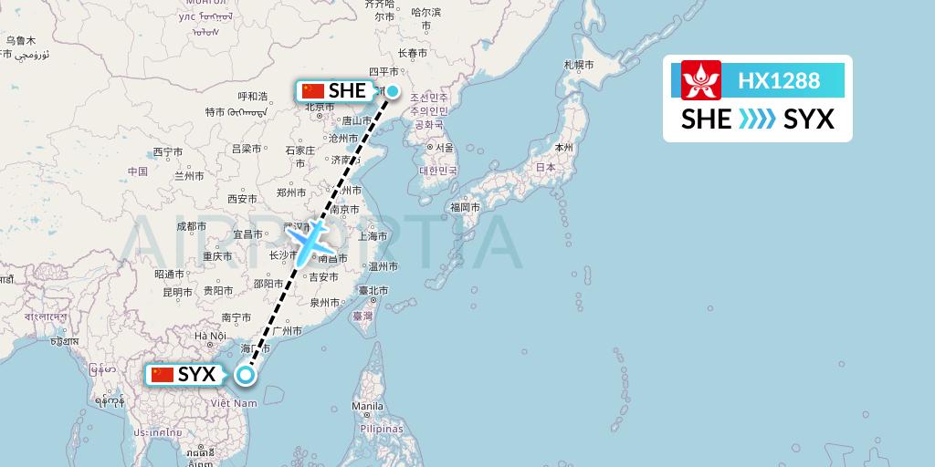 HX1288 Hong Kong Airlines Flight Map: Shenyang to Sanya