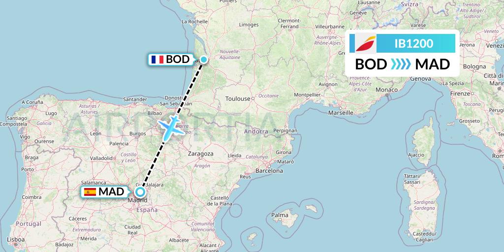 IB1200 Iberia Flight Map: Bordeaux to Madrid