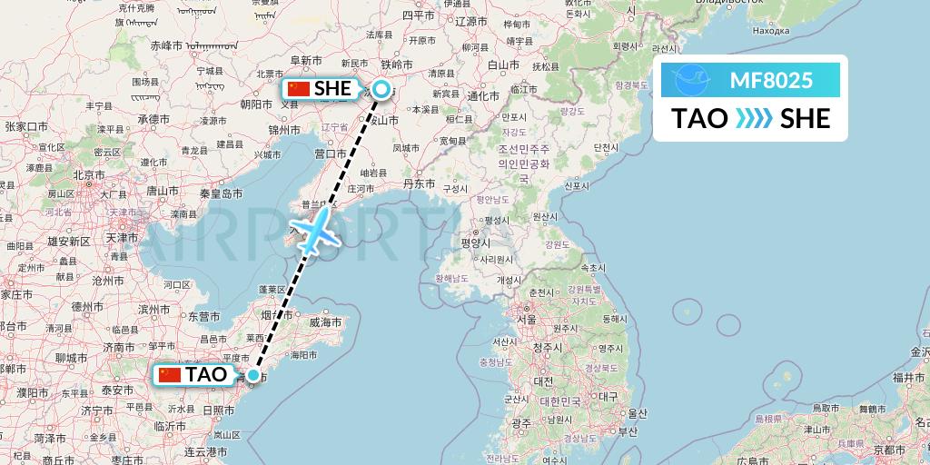 MF8025 Xiamen Airlines Flight Map: Qingdao to Shenyang