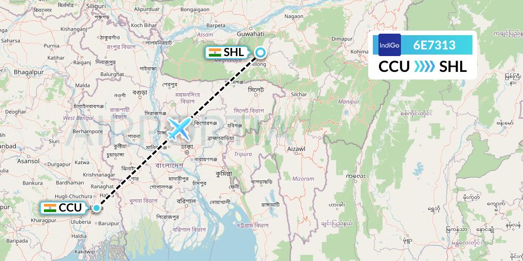 6E7313 IndiGo Airlines Flight Map: Kolkata to Shillong