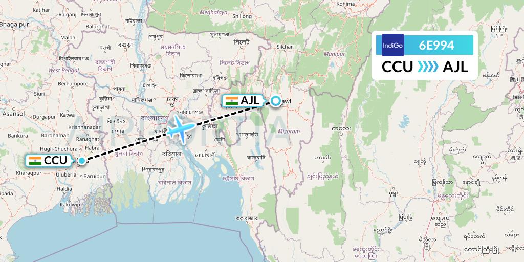 6E994 IndiGo Airlines Flight Map: Kolkata to Aizawl