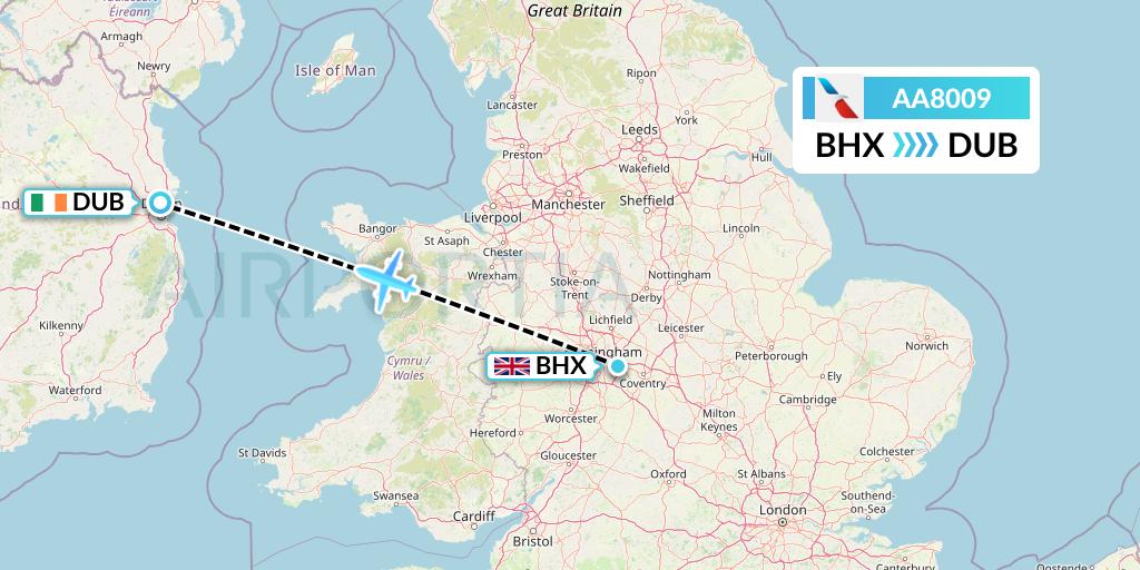 AA8009 American Airlines Flight Map: Birmingham to Dublin