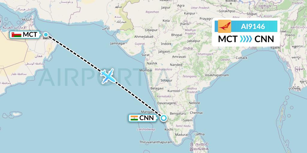 AI9146 Air India Flight Map: Muscat to Mattannur