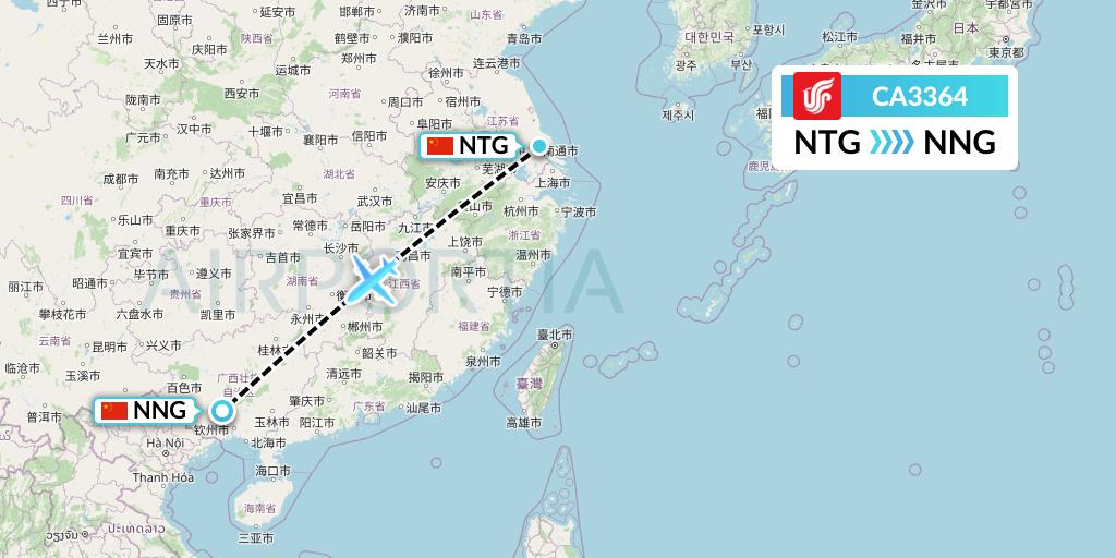 CA3364 Air China Flight Map: Nantong to Nanning
