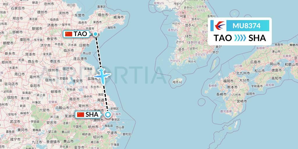 MU8374 China Eastern Airlines Flight Map: Qingdao to Shanghai