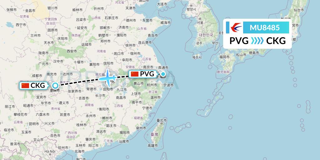 MU8485 China Eastern Airlines Flight Map: Shanghai to Chongqing