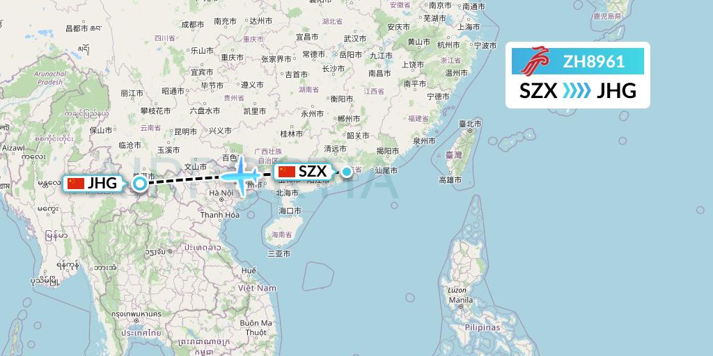 ZH8961 Shenzhen Airlines Flight Map: Shenzhen to Jinghong