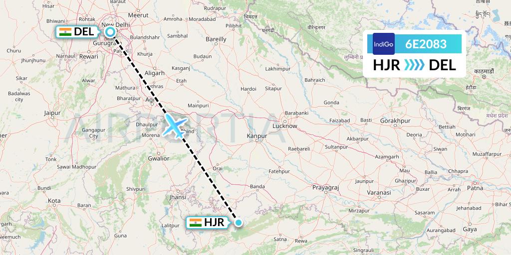6E2083 IndiGo Airlines Flight Map: Khajuraho to Delhi