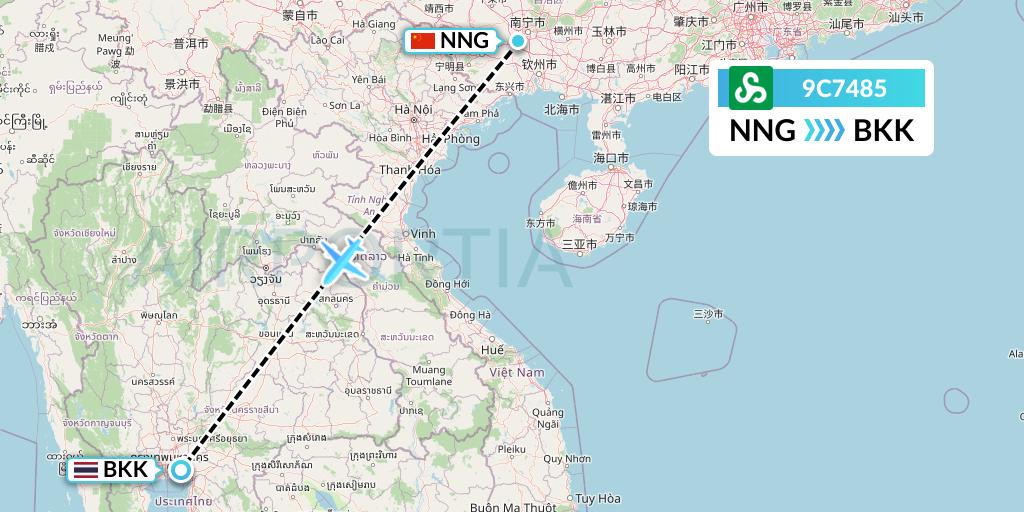 9C7485 Spring Airlines Flight Map: Nanning to Bangkok