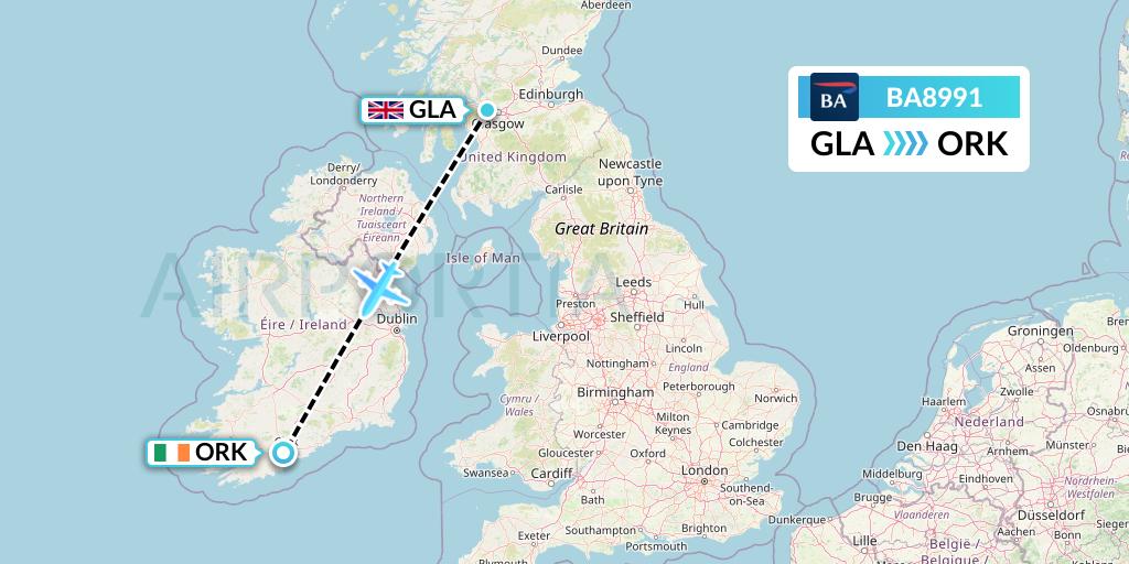 BA8991 British Airways Flight Map: Glasgow to Cork