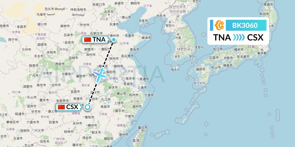 BK3060 Okay Airways Flight Map: Jinan to Changsha