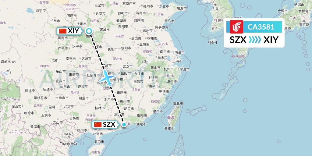 CA3581 Air China Flight Map: Shenzhen to Xi'an
