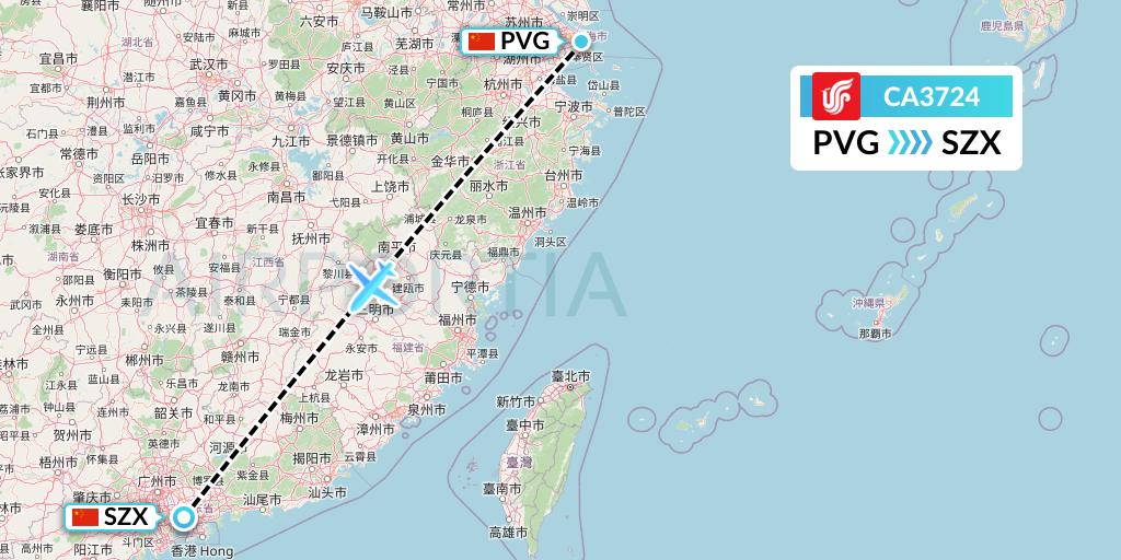 CA3724 Air China Flight Map: Shanghai to Shenzhen