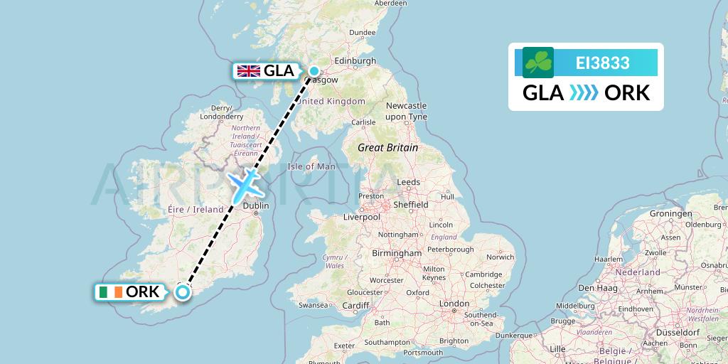 EI3833 Aer Lingus Flight Map: Glasgow to Cork