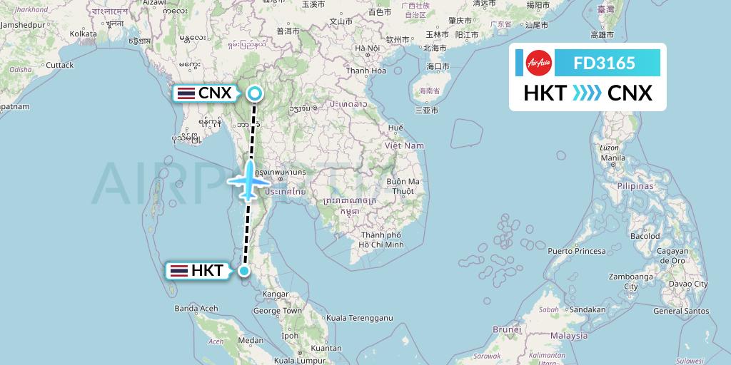 FD3165 Thai AirAsia Flight Map: Phuket to Chiang Mai
