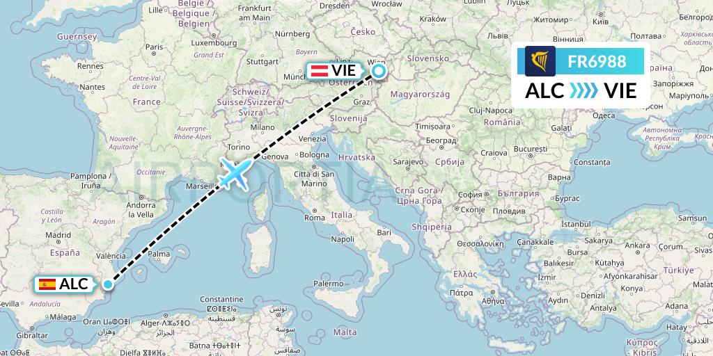FR6988 Ryanair Flight Map: Alicante to Vienna