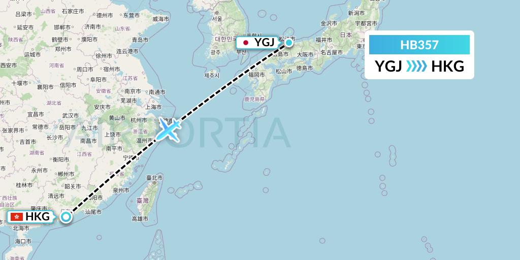 HB357 Greater Bay Airlines Flight Map: Yonago to Hong Kong