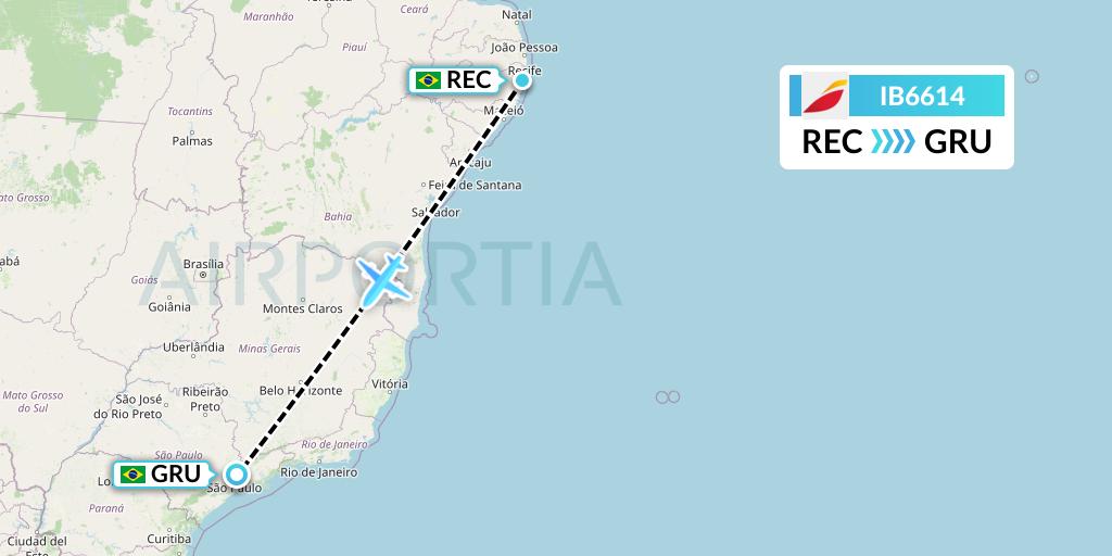 IB6614 Iberia Flight Map: Recife to Sao Paulo