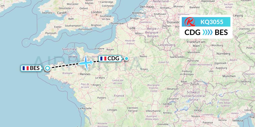 KQ3055 Kenya Airways Flight Map: Paris to Brest