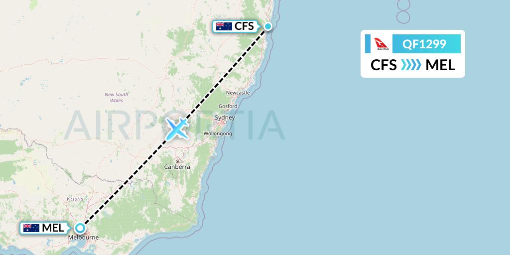 QF1299 Qantas Flight Map: Coffs Harbour to Melbourne