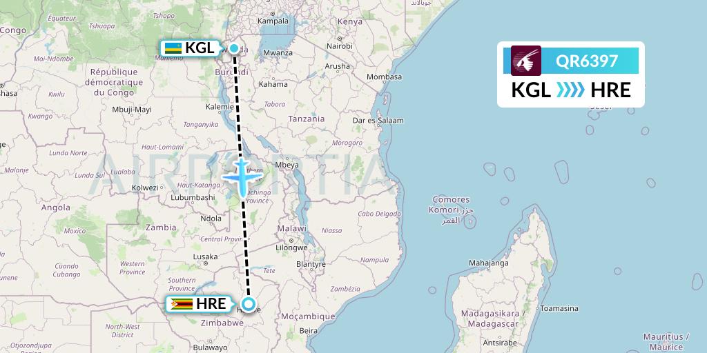 QR6397 Qatar Airways Flight Map: Kigali to Harare