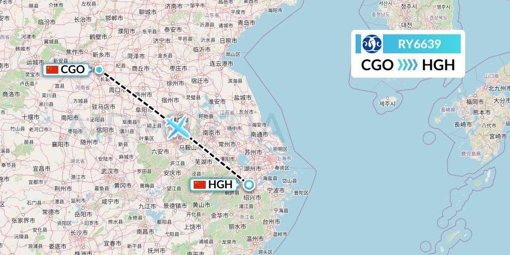 RY6639 Jiangxi Air Flight Map: Zhengzhou to Hangzhou