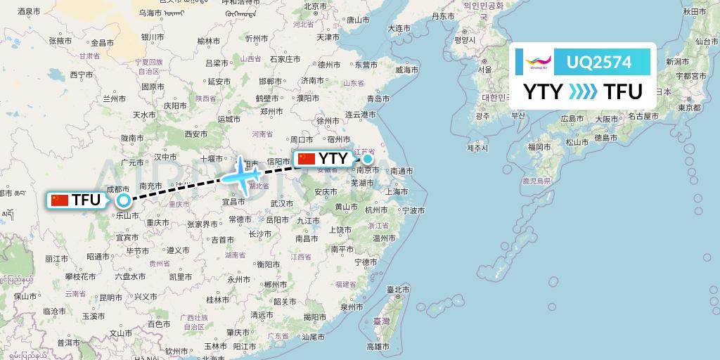 UQ2574 Urumqi Airlines Flight Map: Yangzhou to Chengdu
