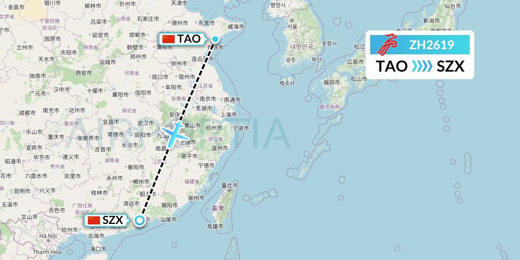 ZH2619 Shenzhen Airlines Flight Map: Qingdao to Shenzhen