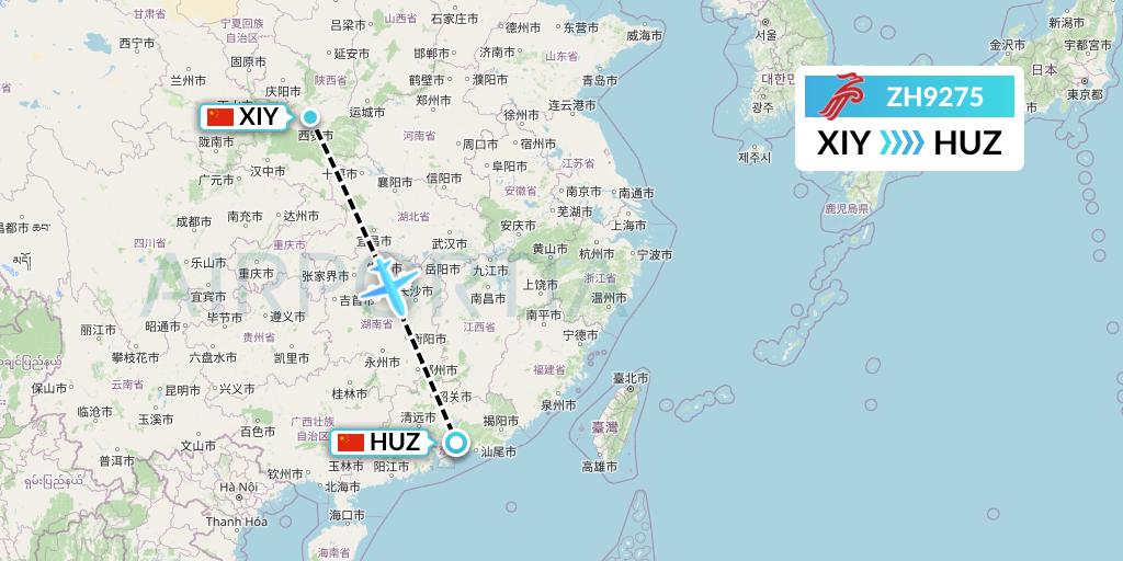 ZH9275 Shenzhen Airlines Flight Map: Xi'an to Huizhou