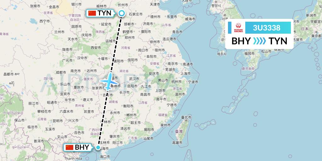 3U3338 Sichuan Airlines Flight Map: Beihai to Taiyuan