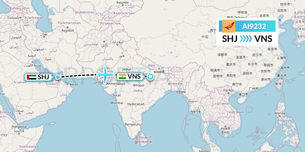 AI9232 Air India Flight Map: Sharjah to Varanasi