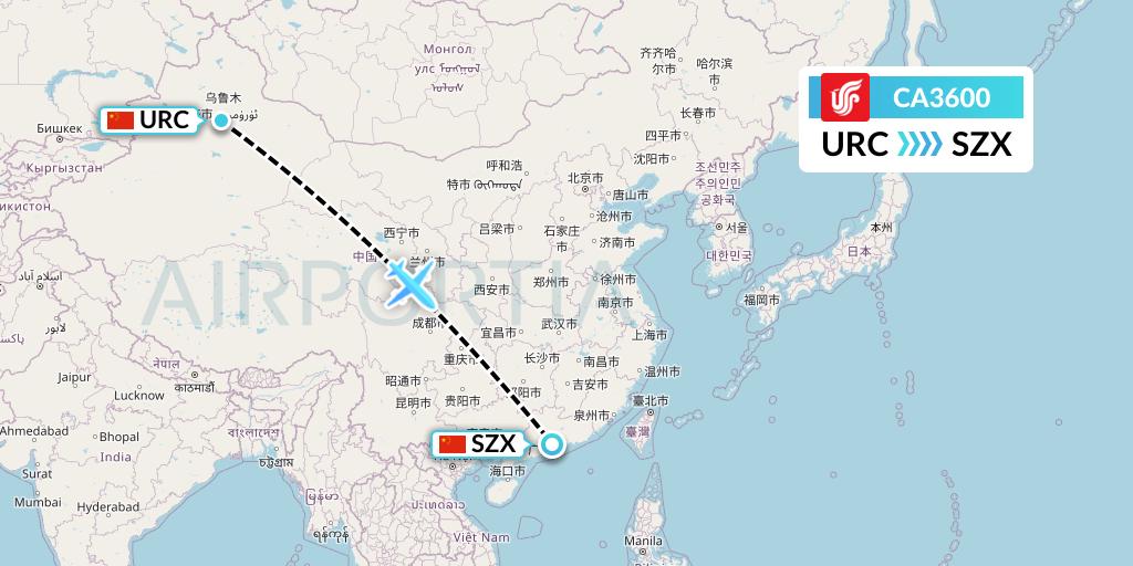 CA3600 Air China Flight Map: Urumqi to Shenzhen