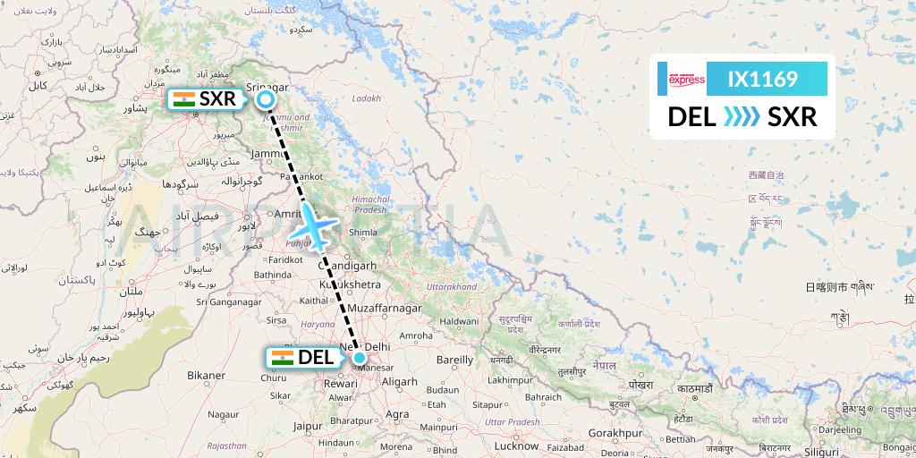 IX1169 Air India Express Flight Map: Delhi to Srinagar