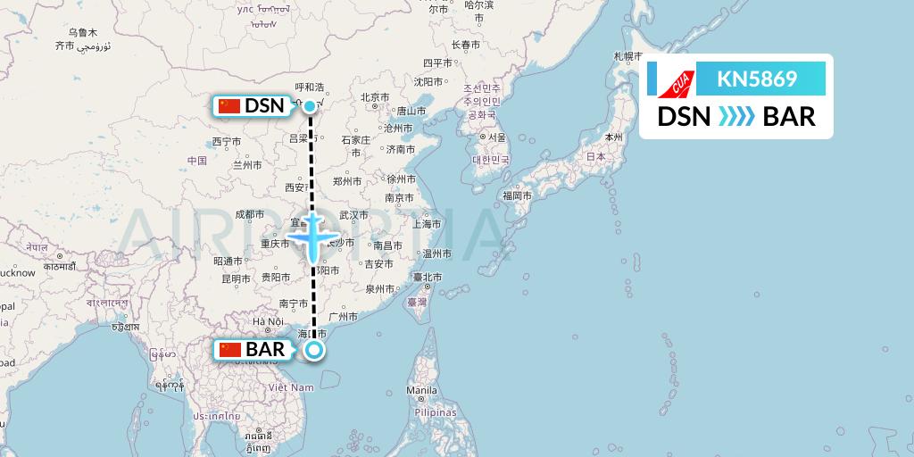KN5869 China United Airlines Flight Map: Dongsheng to Qionghai