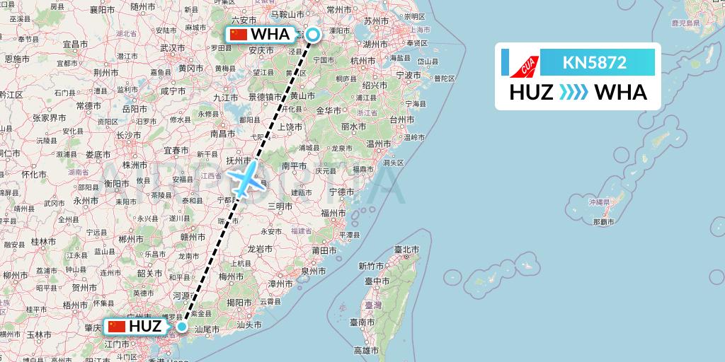 KN5872 China United Airlines Flight Map: Huizhou to Wuhu