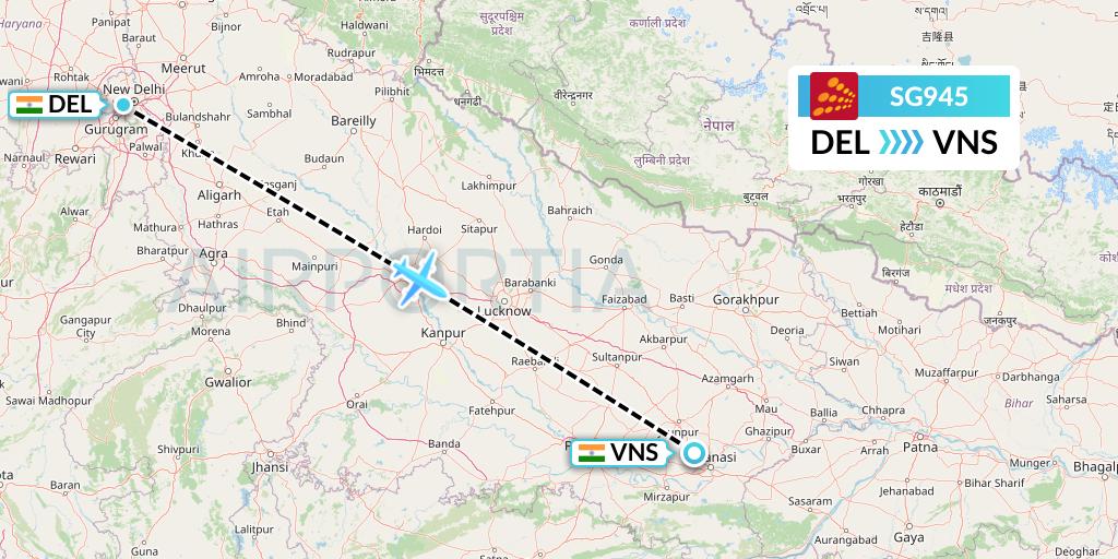SG945 SpiceJet Flight Map: Delhi to Varanasi